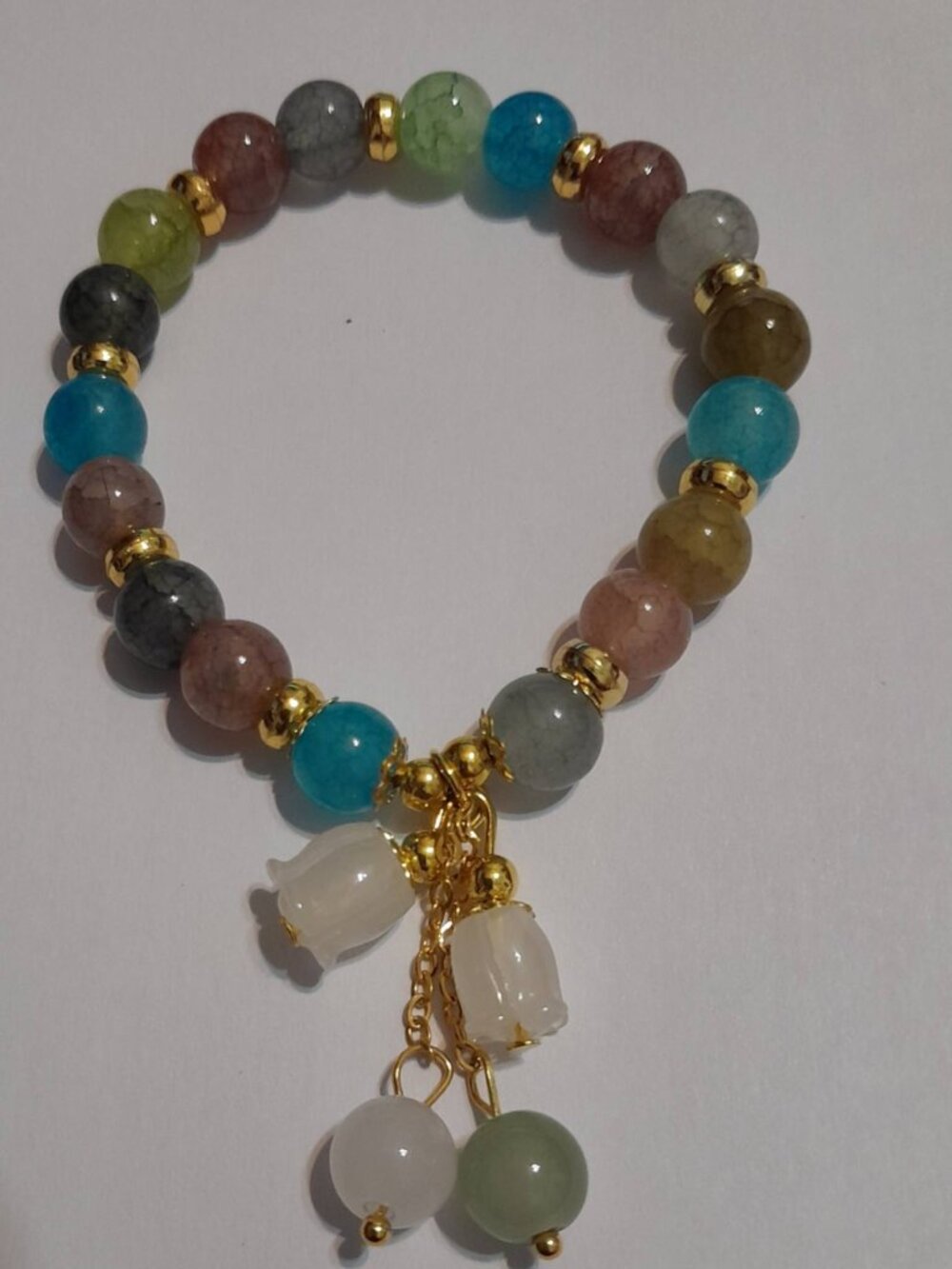 Multicolor Beaded Bracelet with Gold-Tone Accents & Floral Charms – S/M